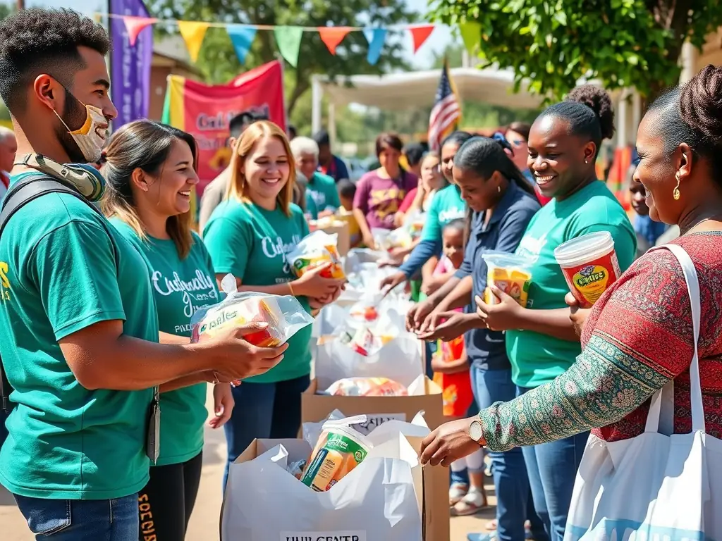 Volunteers assisting people in need, such as distributing food or providing educational support. The image should highlight the organization's commitment to charity and social support.