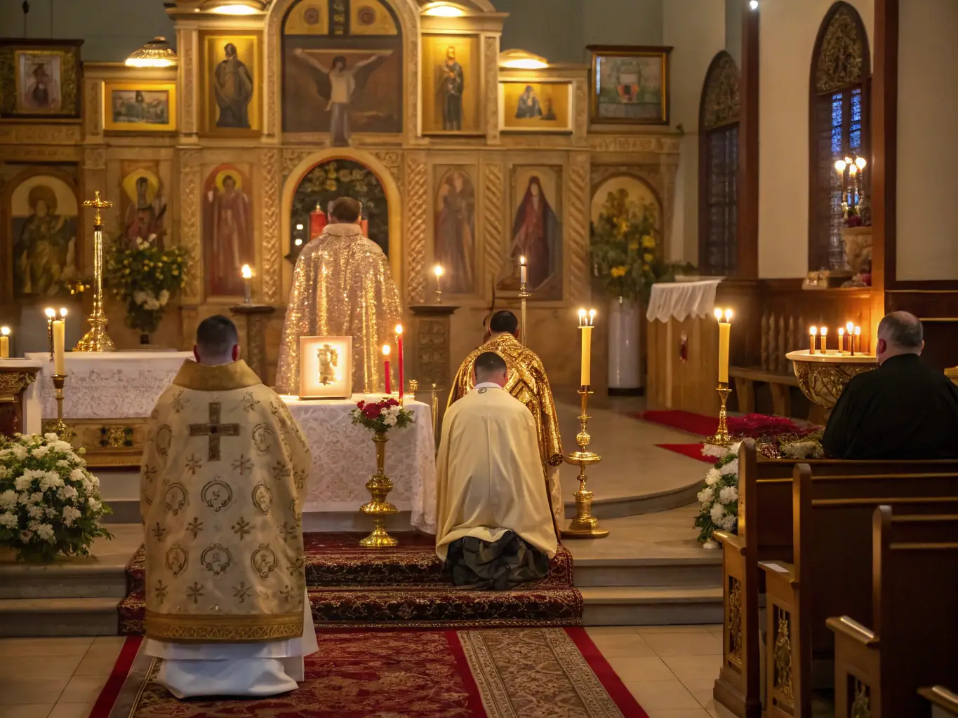 An image depicting a Catholic liturgical service, with a priest officiating and congregants participating in prayer and song, symbolizing the liturgical support provided by ASSOCIAT DIOCESAINE DE LA GPE.
