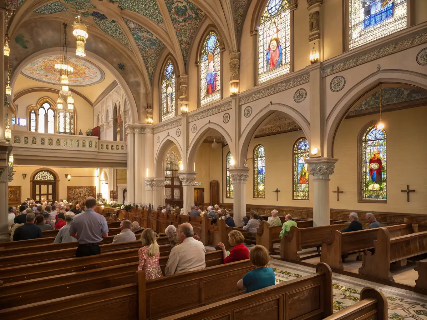 A group of parishioners participating in a liturgical service, with a priest leading the ceremony in a reverent setting. The image should convey a sense of tradition and spiritual devotion.