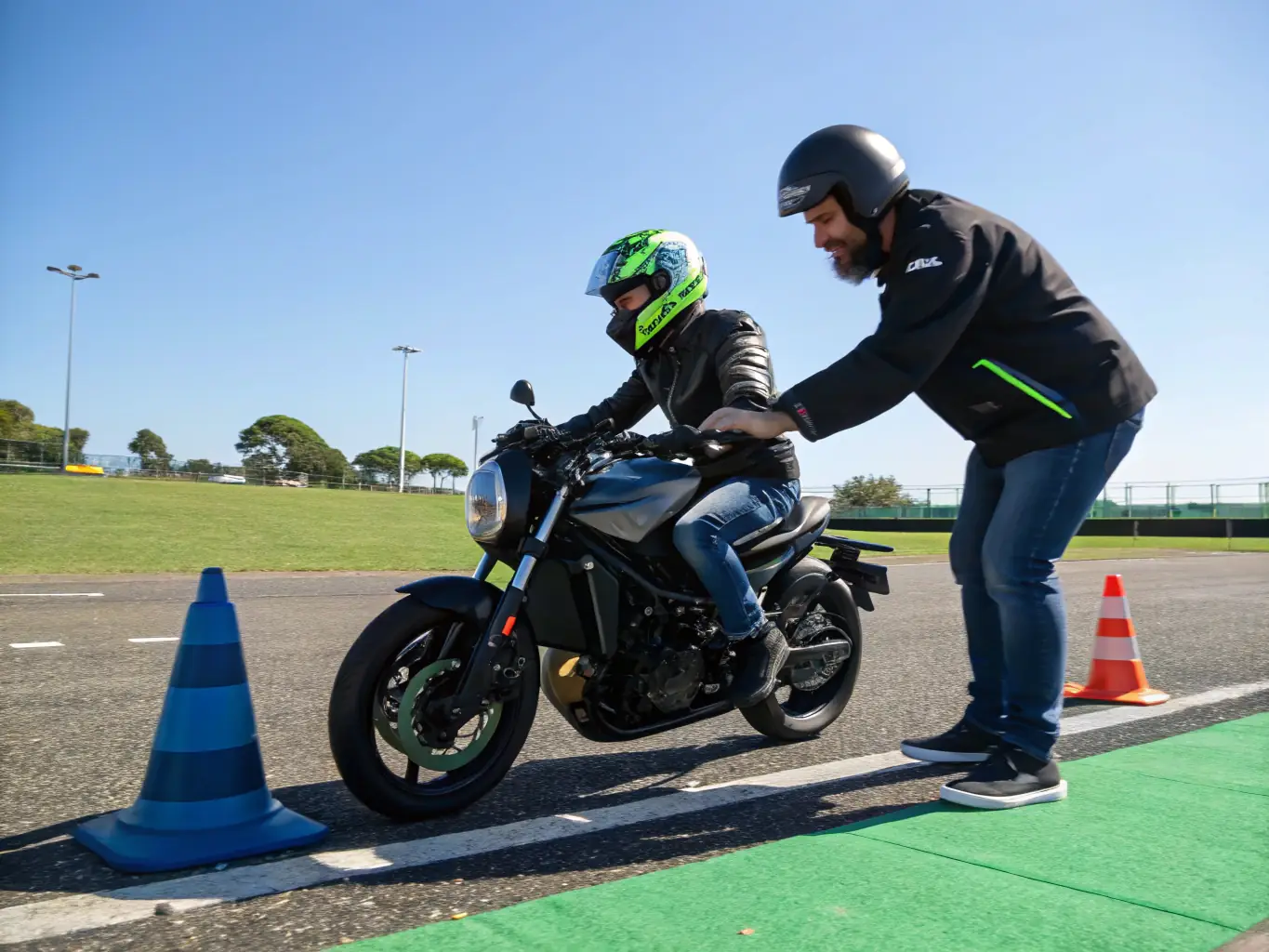 A dynamic image of a motorsports training session, featuring participants on motorcycles navigating a course with guidance from instructors, set against a backdrop of the Moto Club Boussaquin facilities.
