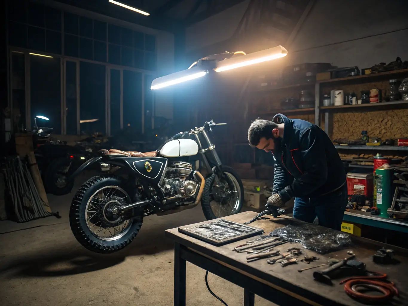 A vibrant image of participants engaged in a motorsports workshop, focusing on technical aspects and hands-on learning experiences.